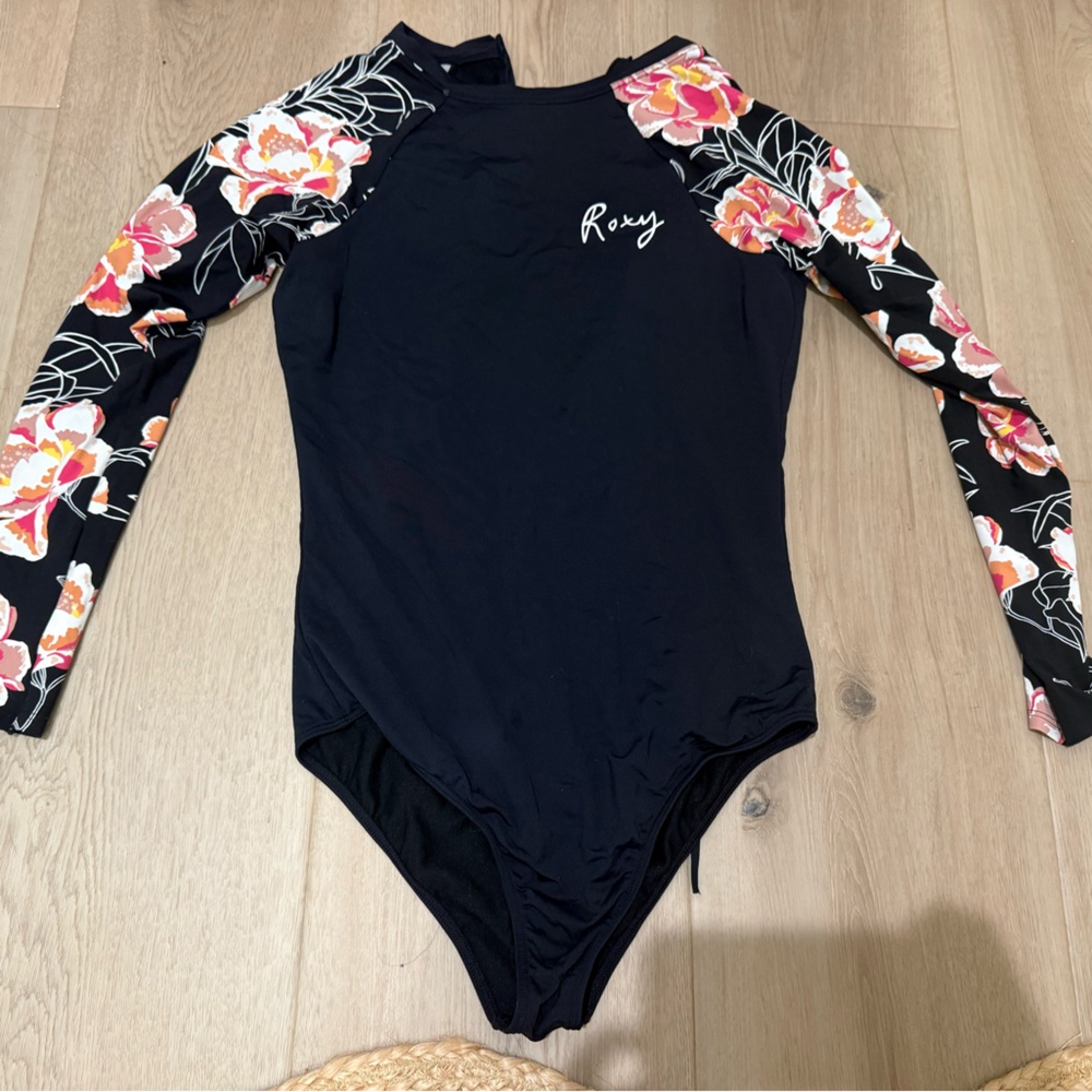 Roxy Black Floral Long-Sleeve One-Piece Swimsuit